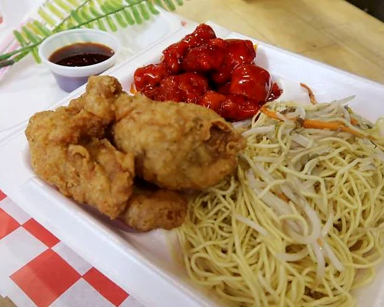 Meat Combo A: fried chicken and sweet and sour pork with fried noodles